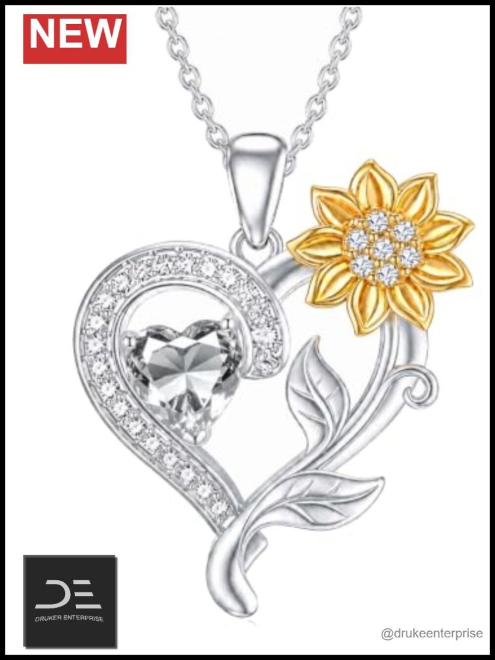 White Gold Plated Birthstone Sunflower Pendant Necklace Heart CZ Adjustable